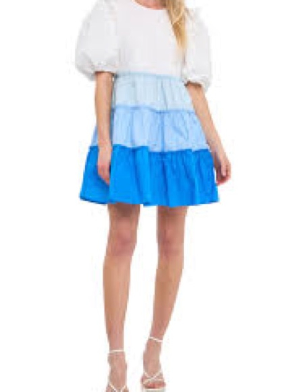 English Factory blue & white colorblock tiered puff sleeve mini dress - Women's